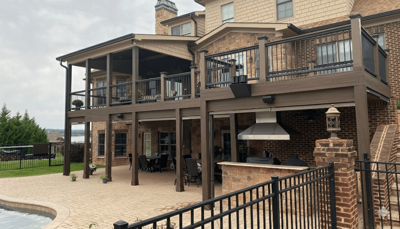Panoramic view of the Jefferson multi-level composite deck with covered patio