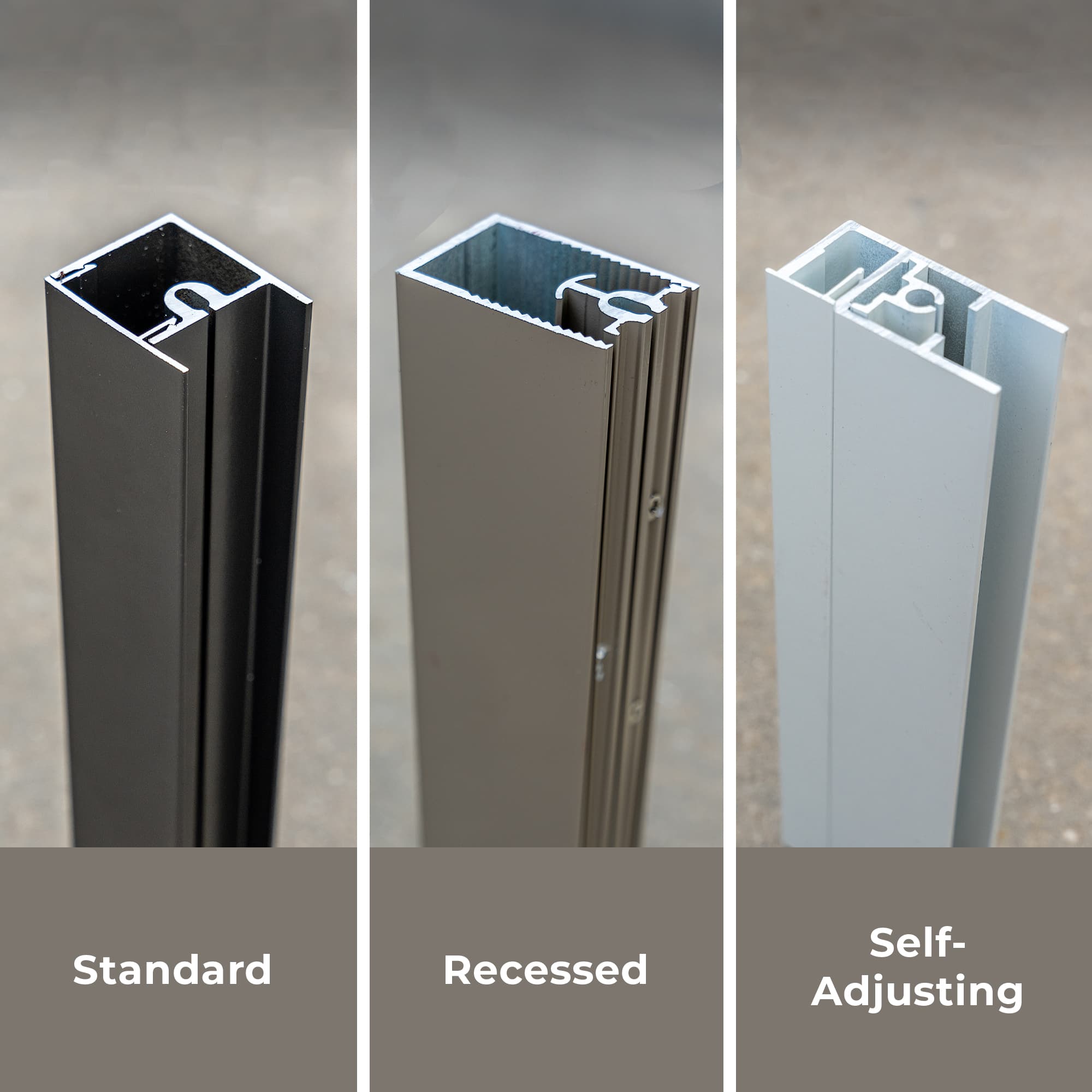 Comparison of SunPro Standard, Recessed, and Self-Adjusting screen side track aluminum extrusions