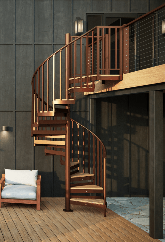 Trex Spiral Stairs Summit with a bronze frame and Havana Gold composite treads