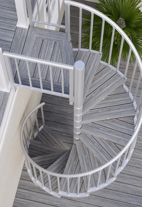 Trex Spiral Stairs Vista in white with Island Mist grey composite treads and aluminum balusters
